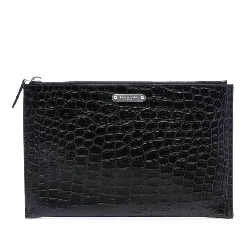 Saint Laurent Croc Embossed Leather Clutch Black Leather Very good condition - Front View