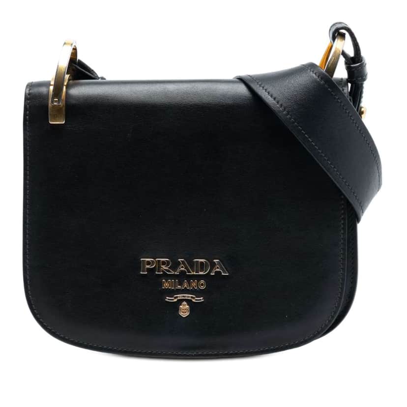 Prada City Calf Pionniere Saddle Bag Black Leather Good condition - Front View