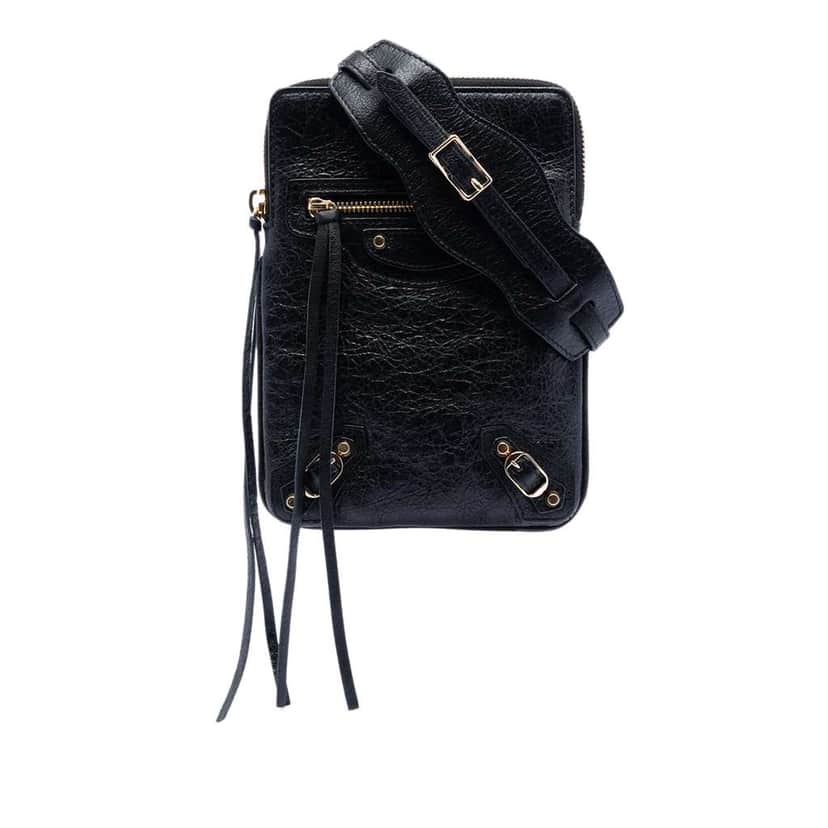 Balenciaga Lambskin Motocross Classic Phone Holder Bag Black Leather Very good condition - Front View