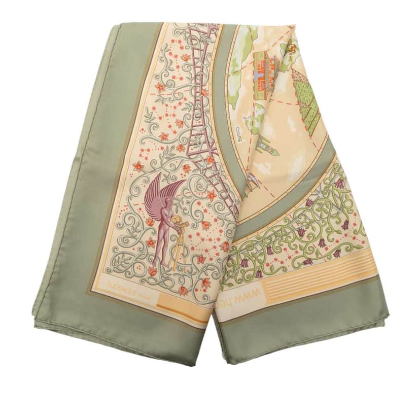 Hermès The World of Hermes Silk Scarf 90 Green Silk Good condition - Front View
