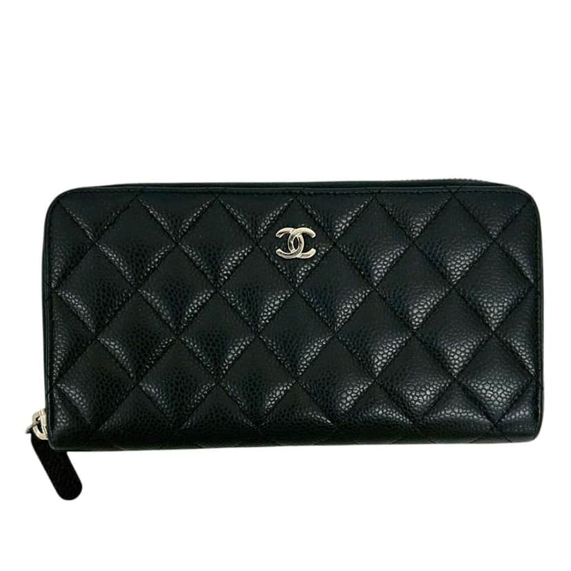 Chanel CC Quilted Caviar Zip Around Long Wallet Black Leather Good condition - Front View