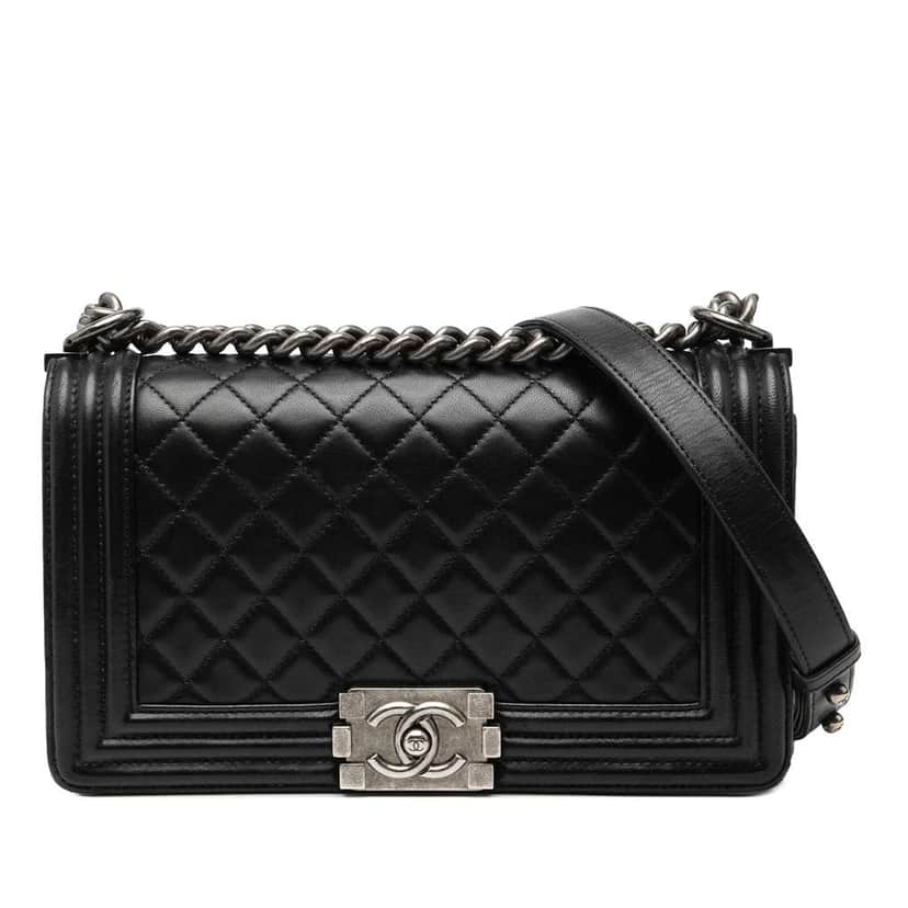 Chanel Old Medium Quilted Lambskin Boy Flap Black Leather Good condition - Front View