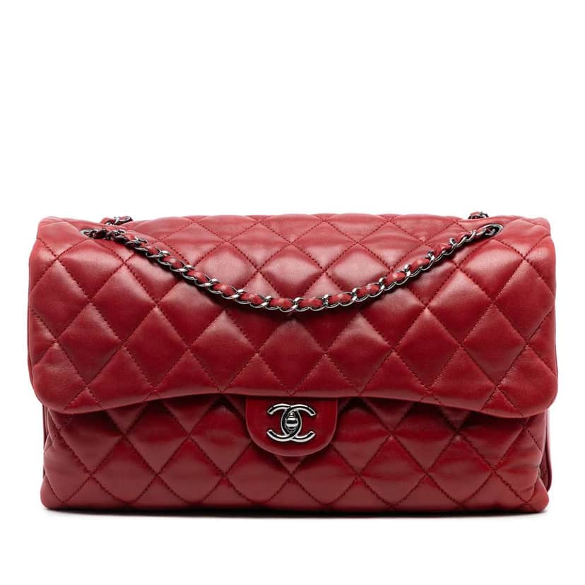 Chanel Maxi Quilted Lambskin 3 Accordion Flap Red Leather Good condition - Front View