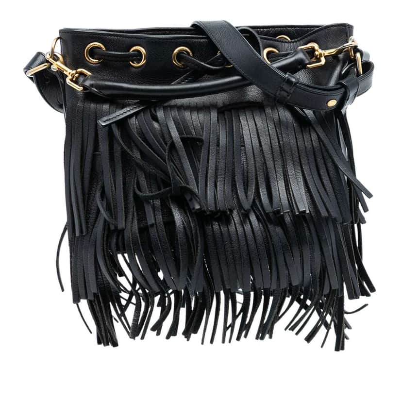 Saint Laurent Small Calfskin Emmanuelle Fringe Bucket Bag Black Leather Very good condition - Front View