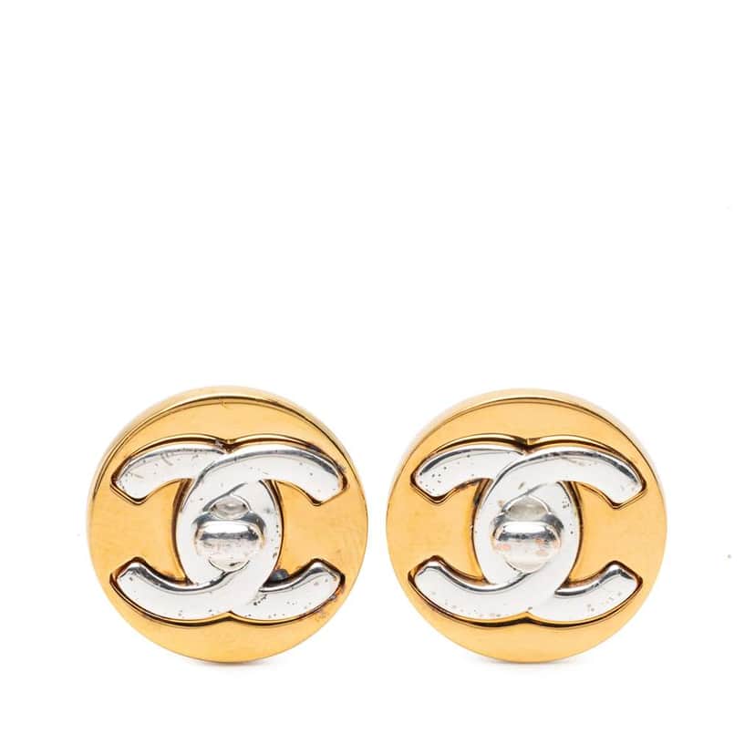 Chanel CC Gold Plated Turn Lock Round Clip On Earrings Gold Metal Good condition - Front View