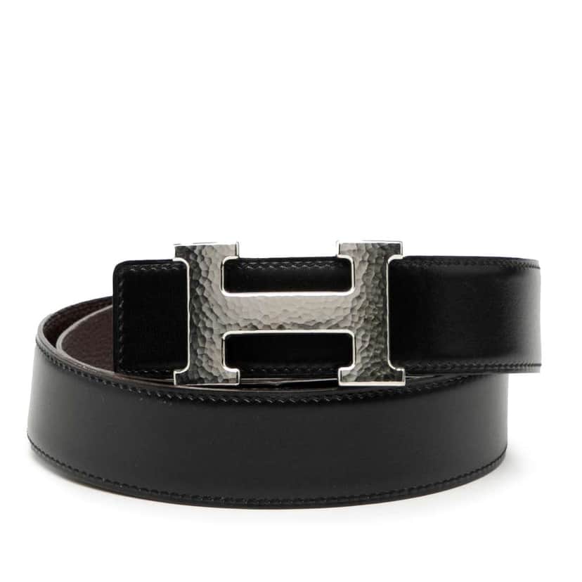 Hermès Swift and Togo Constance H Martelee Reversible Belt Black Leather Good condition - Front View