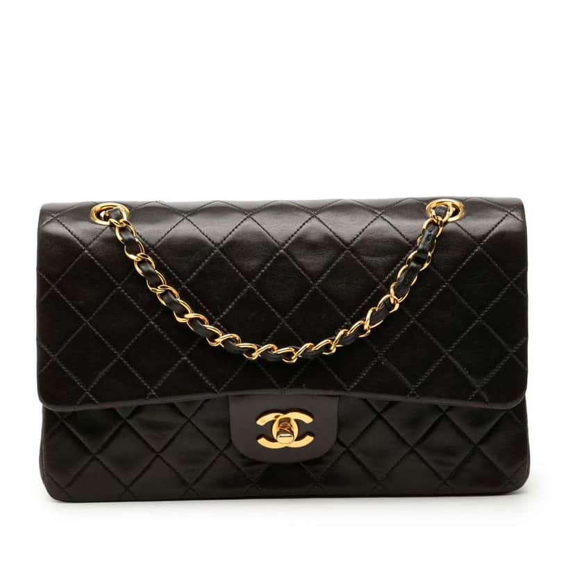 Chanel Medium Classic Lambskin Double Flap Black Leather Good condition - Front View