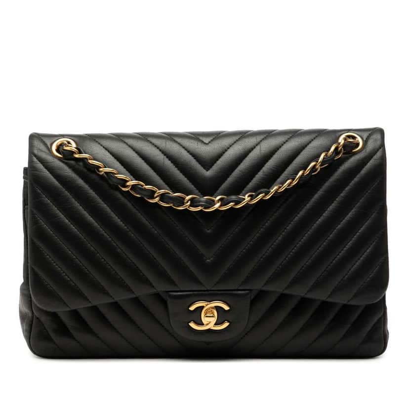 Chanel Jumbo Classic Chevron Lambskin Double Flap Black Leather Very good condition - Front View