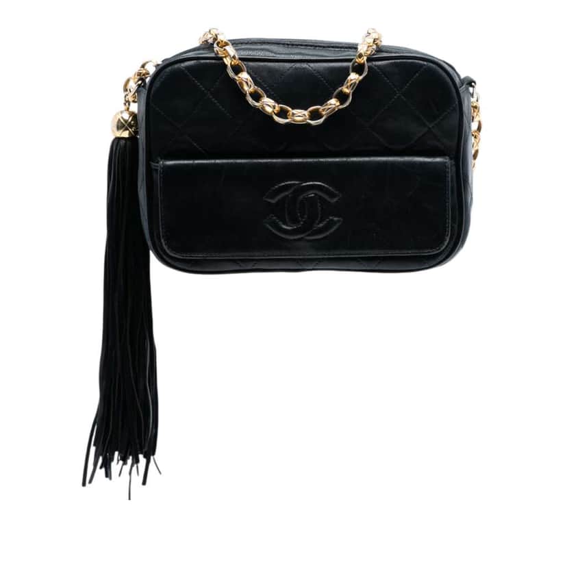 Chanel Mini CC Quilted Lambskin Tassel Camera Bag Black Leather Good condition - Front View
