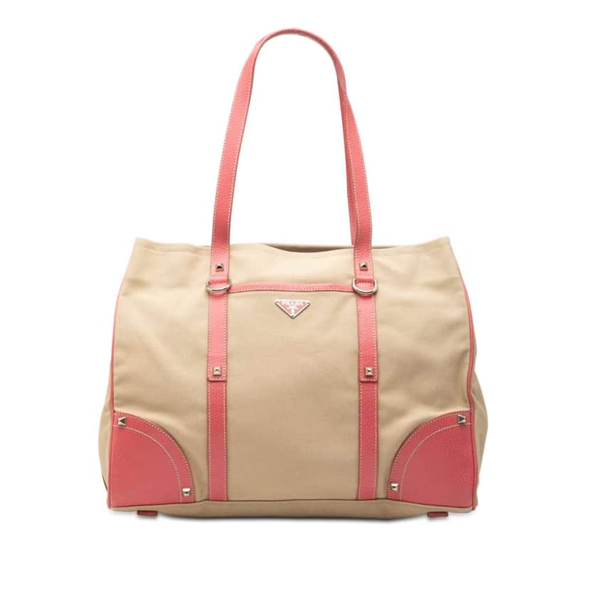 Prada Studded Leather Trimmed Canvas Front Pocket Tote Brown Canvas Very good condition - Front View