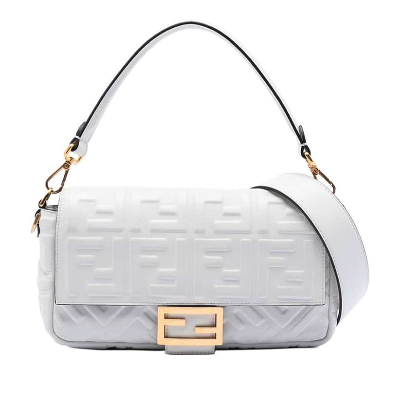 Fendi Zucca Embossed Leather Baguette Satchel White Leather Good condition - Front View