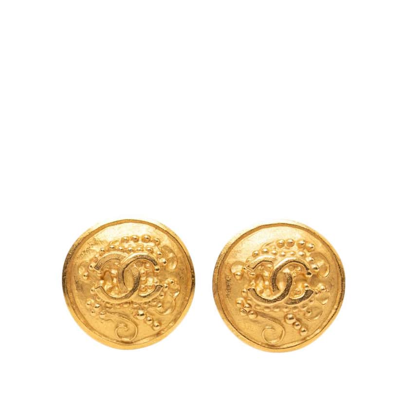 Chanel Gold Plated CC Grapevine Round Clip on Earrings Gold Metal Very good condition - Front View