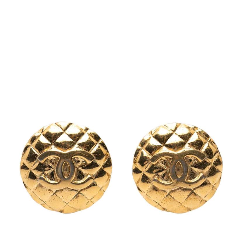 Chanel CC Quilted Gold Plated Round Clip on Earrings Gold Metal Very good condition - Front View