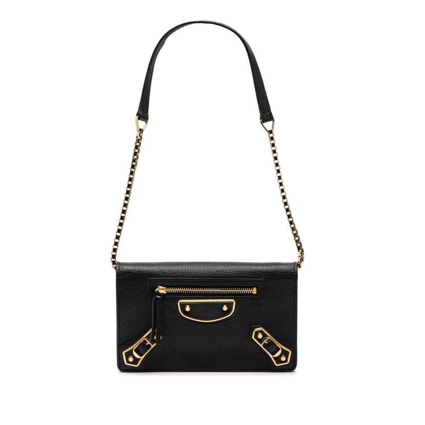 Balenciaga Chevre Motocross Metallic Edge Trifold Wallet on Chain Black Leather Very good condition - Front View