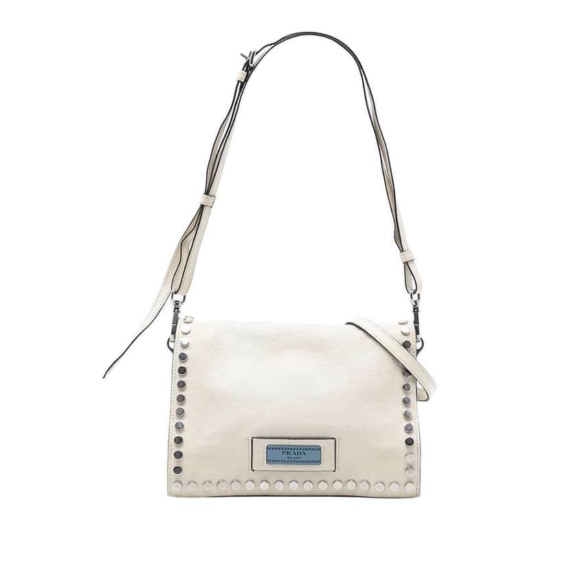Prada Glace Calfskin Studded Etiquette Flap White Leather Good condition - Front View