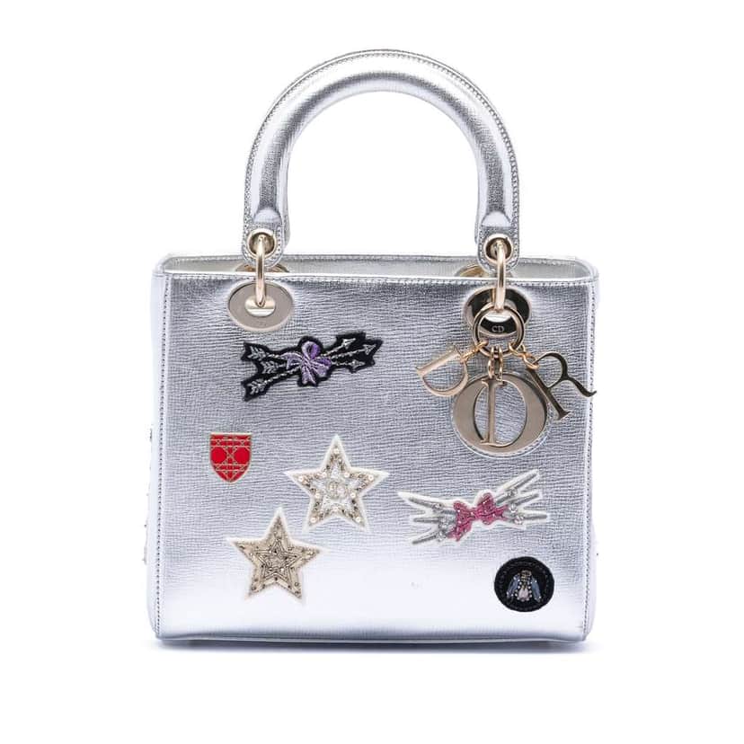 Dior Medium Calfskin Patch Embellished Lady Dior Silver Leather Very good condition - Front View