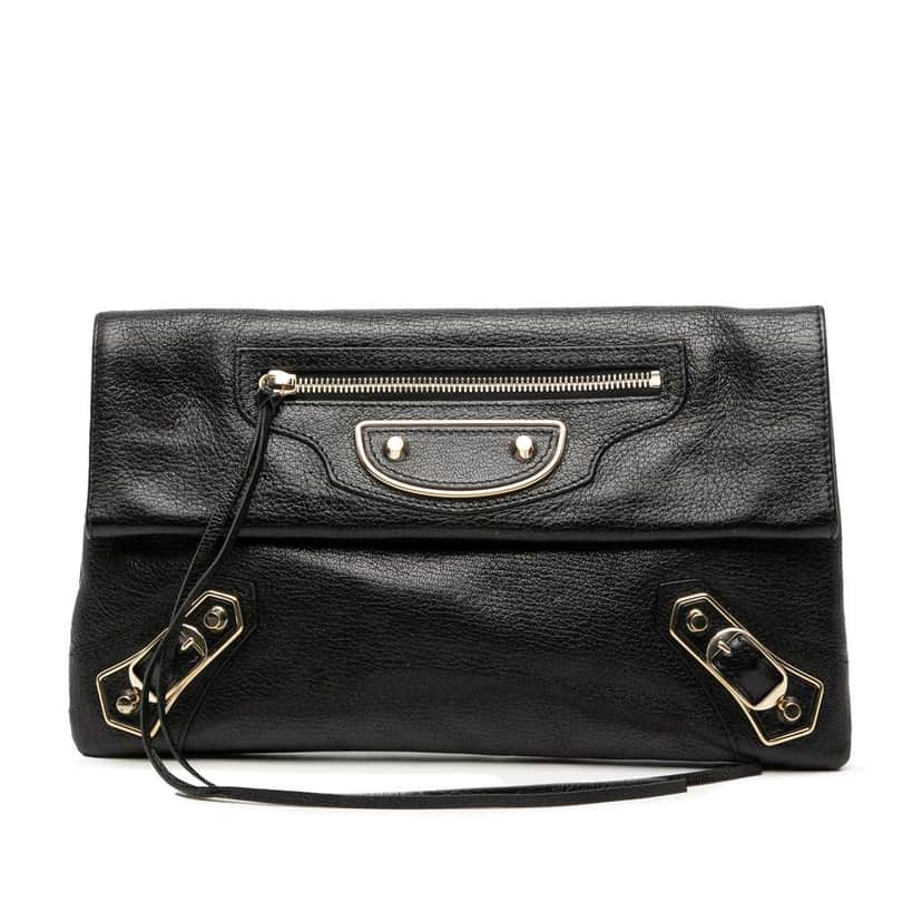 Balenciaga Chevre Motocross Classic Metallic Edge Envelope Clutch Black Leather Good condition - Front View