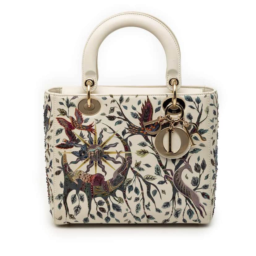 Dior Medium Calfskin Beaded and Embroidered Earth Lady Dior White Leather Good condition - Front View