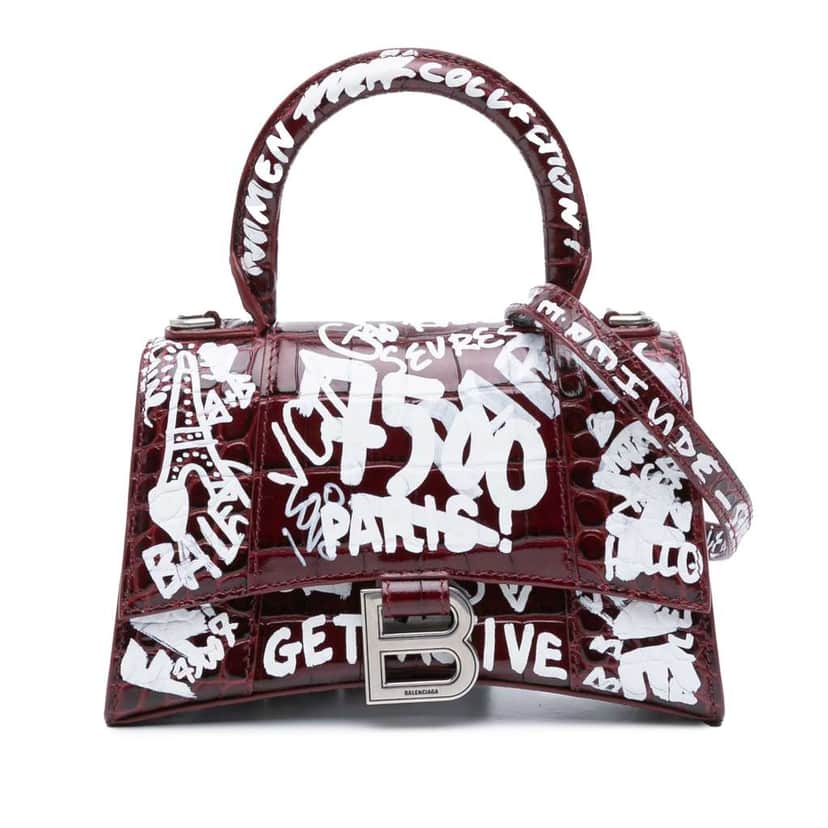 Balenciaga XS Croc Embossed Calfskin Graffiti Hourglass Top Handle Bag Red Leather Good condition - Front View