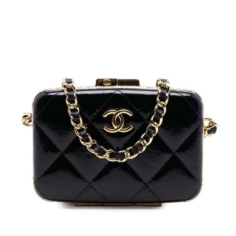 Chanel Small Glazed Goatskin Box With Chain Black Leather Very good condition - Front View