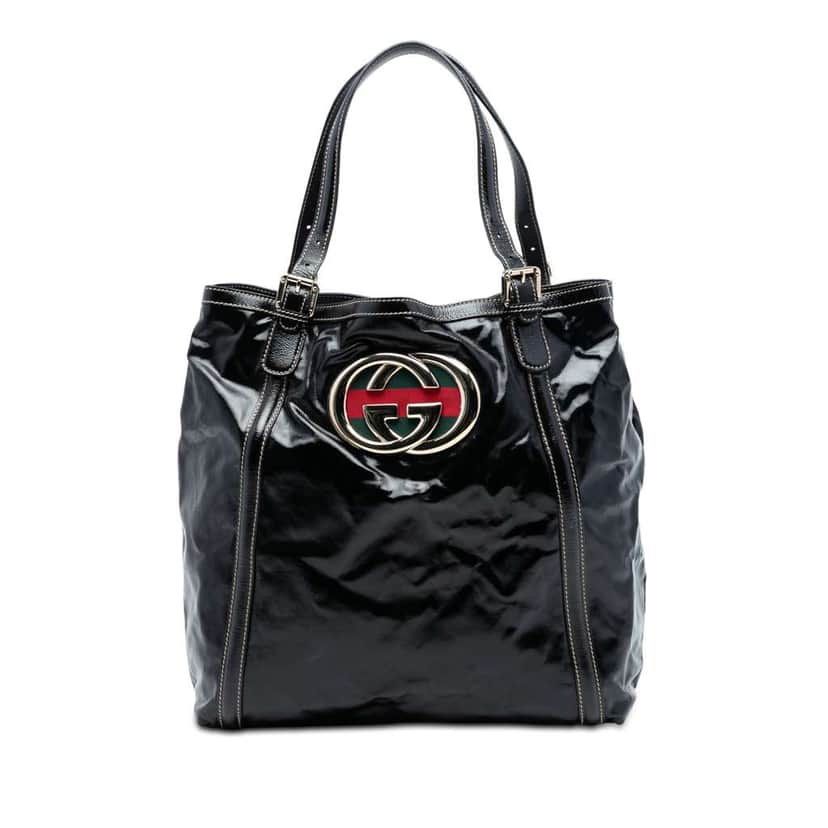 Gucci Patent Dialux Britt Web Tote Black Leather Very good condition - Front View