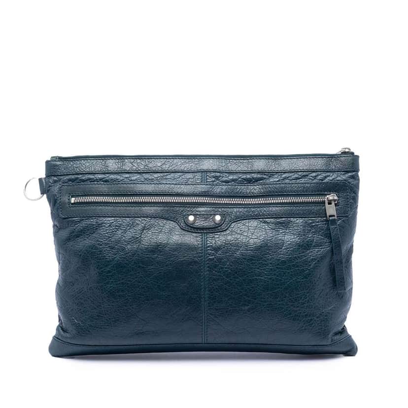 Balenciaga Lambskin Motocross Classic Clip L Clutch Blue Leather Very good condition - Front View