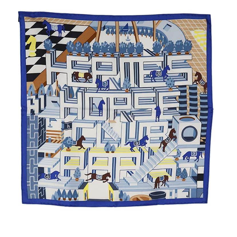 Hermès Horse Club Detail Silk Scarf 45 Blue Silk Very good condition - Front View