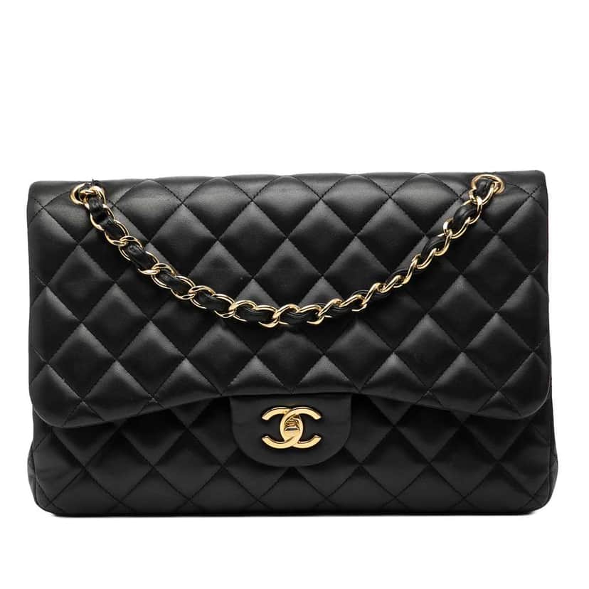 Chanel Jumbo Classic Lambskin Double Flap Black Leather Very good condition - Front View