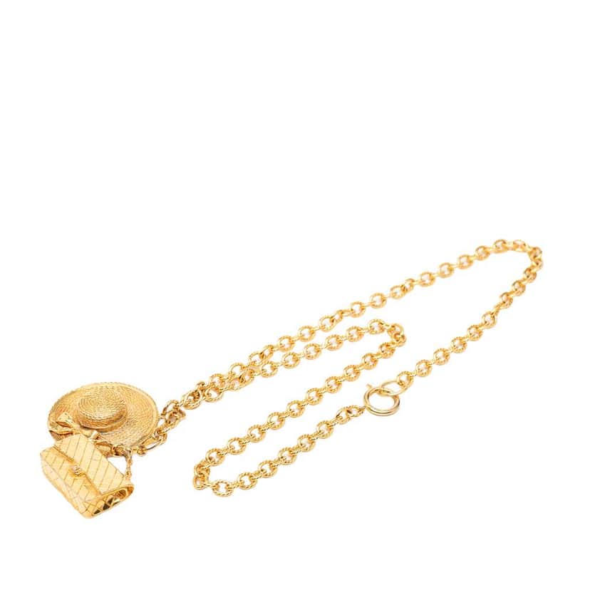 Chanel Gold Plated Flap Bag and Hat Pendant Necklace Gold Metal Good condition - Front View