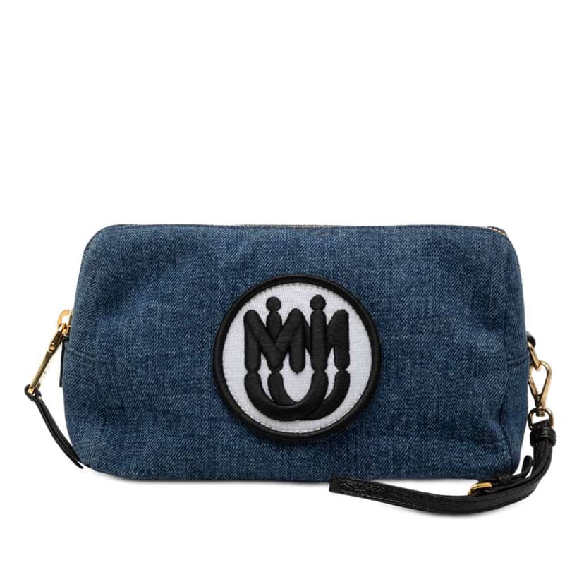Miu Miu Denim Embroidered Logo Wristlet Pouch Blue Denim Very good condition - Front View