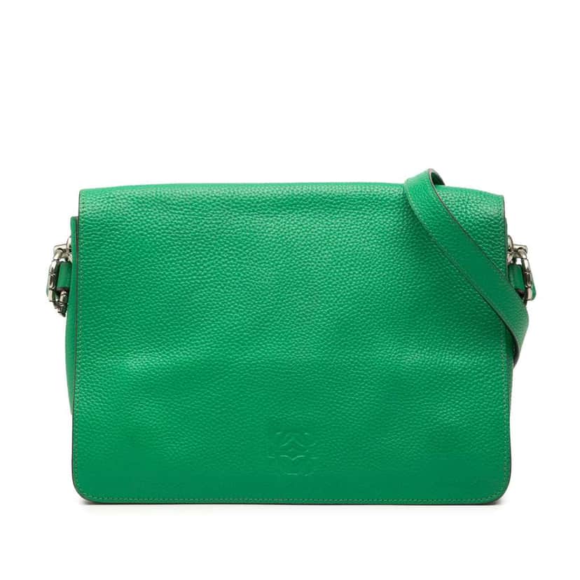 Loewe Pebbled Calfskin Anagram Flap Crossbody Green Leather Very good condition - Front View