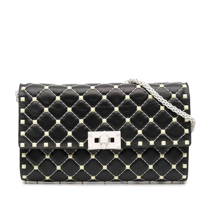 Valentino Quilted Lambskin Free Rockstud Spike Wallet On Chain Black Leather Very good condition - Front View
