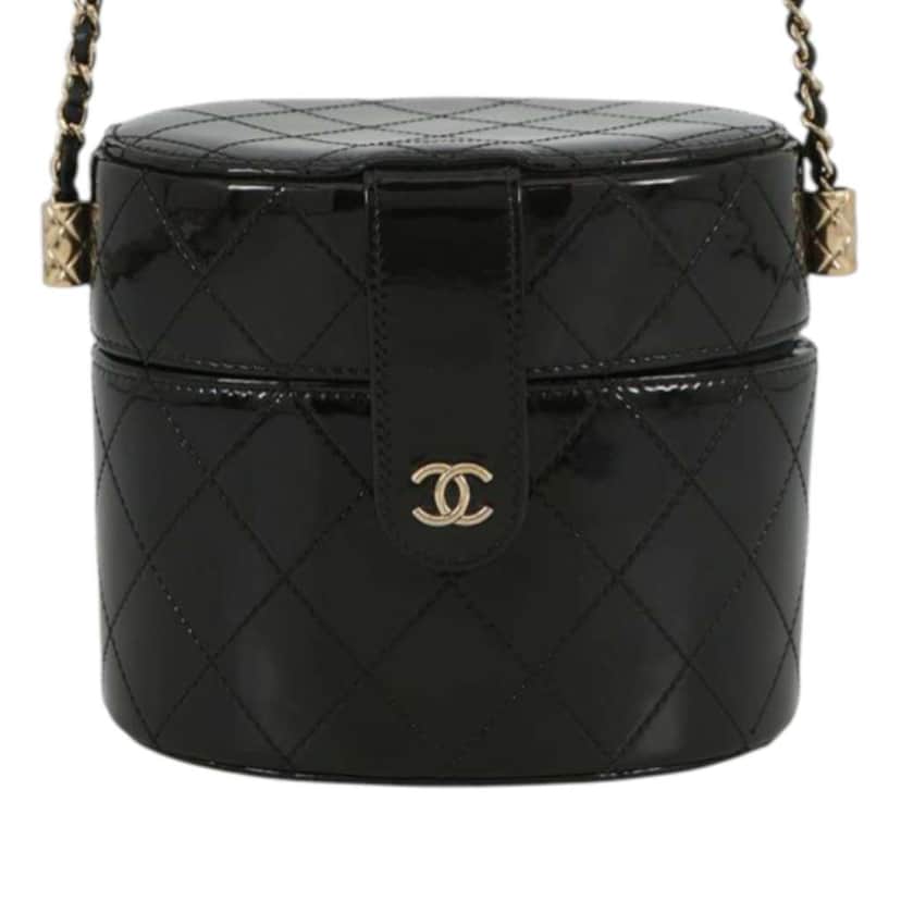 Chanel CC Quilted Patent Round Vanity Clutch With Chain Black Leather Very good condition - Front View