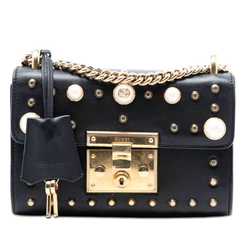 Gucci Small Pearl Studded Leather Padlock Crossbody Black Leather Very good condition - Front View
