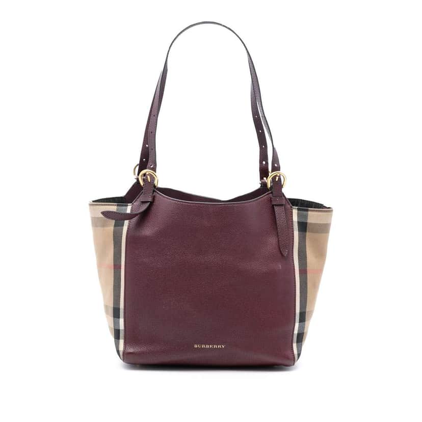 Burberry Small Leather and House Check Canvas Canterbury Tote Red Leather Very good condition - Front View