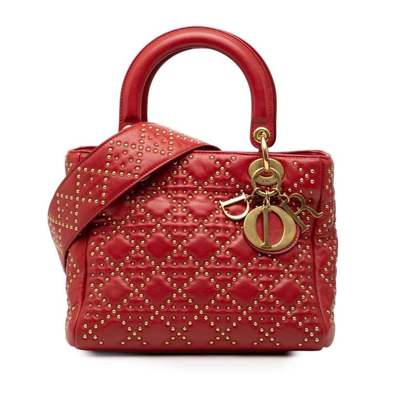 Dior Medium Lambskin Cannage Studded Supple Lady Dior Red Leather Very good condition - Front View