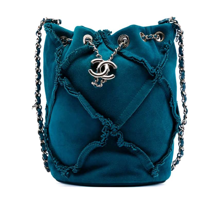 Chanel CC Suede Fringed Drawstring Bucket Bag Blue Leather Good condition - Front View