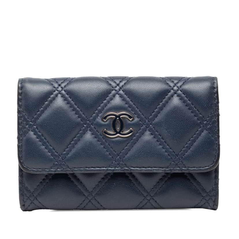 Chanel CC Double Stitch Lambskin Flap Card Holder Blue Leather Good condition - Front View