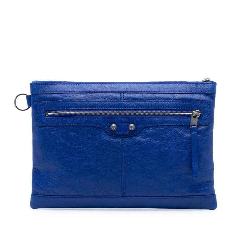 Balenciaga Lambskin Motocross Classic Clip M Clutch Blue Leather Good condition - Front View