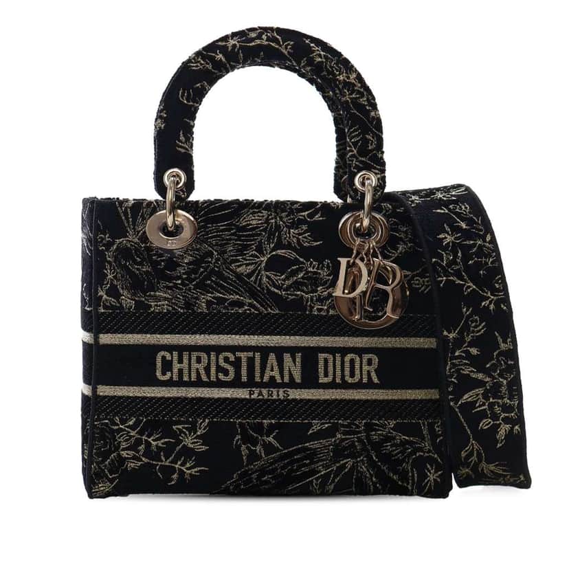 Dior Medium Embroidered Canvas Toile de Jouy Lady D Lite Black Canvas Very good condition - Front View