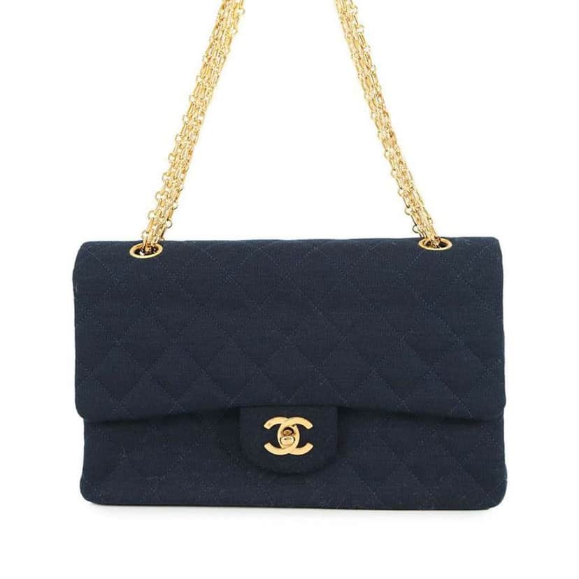 Chanel Medium Classic Jersey Double Flap Blue Cotton Good condition - Front View