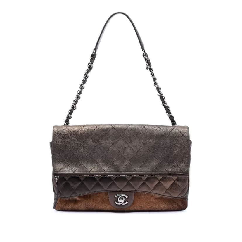 Chanel Paris Salzburg Metallic Lambskin and Pony Hair Zip Multi Flap Brown Leather Good condition - Front View