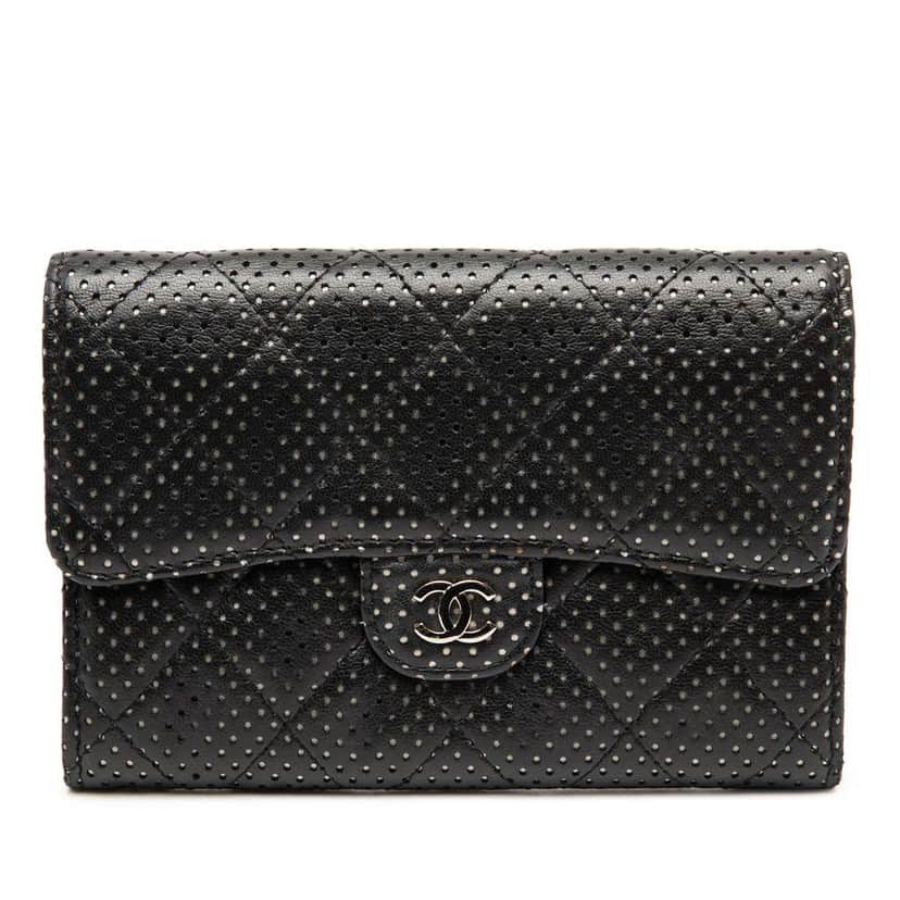Chanel Perforated Quilted Lambskin Small Flap Wallet Black Leather Very good condition - Front View