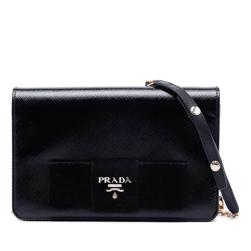 Prada Saffiano Vernice Fiocco Bow Wallet On Chain Black Leather Good condition - Front View
