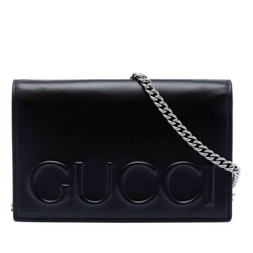 Gucci XL Leather Embossed Logo Wallet on Chain Black Leather Good condition - Front View