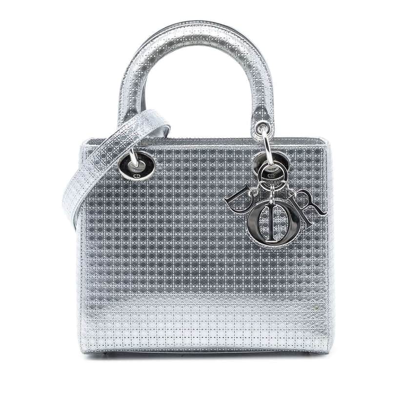 Dior Medium Metallic Patent Microcannage Lady Dior Silver Leather Very good condition - Front View