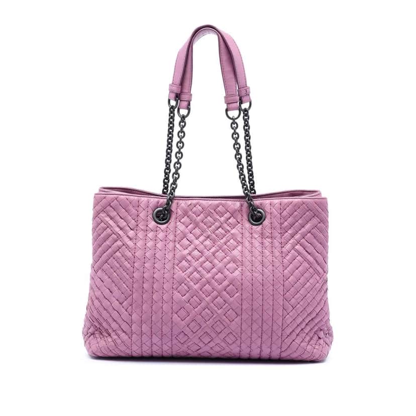Bottega Veneta Medium Nappa Intrecciato Boutis Double Chain Tote Pink Leather Very good condition - Front View