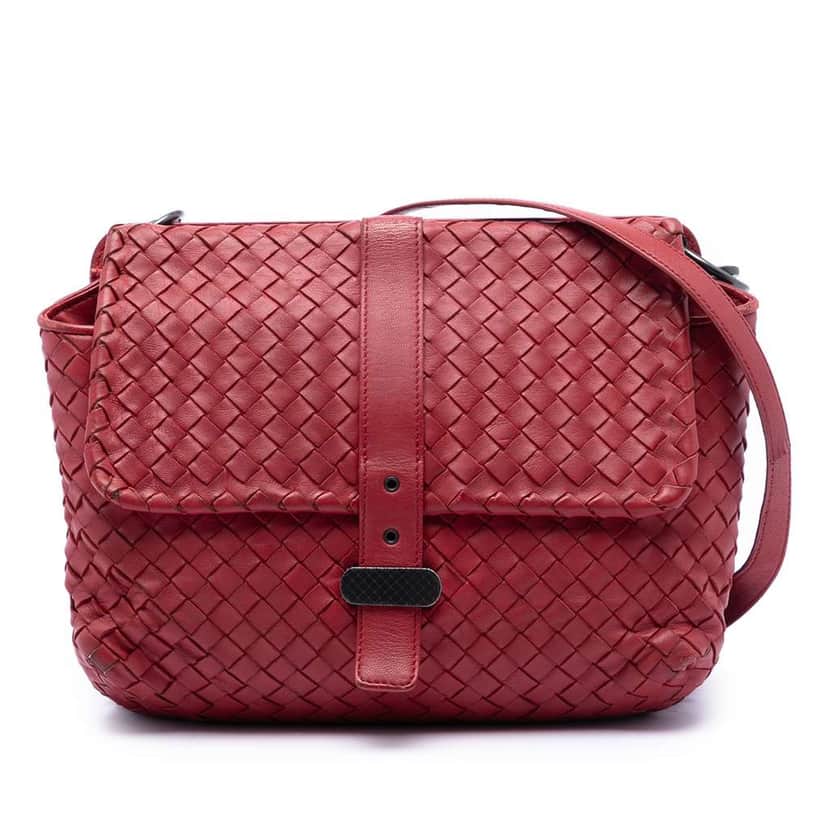 Bottega Veneta Nappa Intrecciato Double Sided Flap Messenger Bag Red Leather Very good condition - Front View