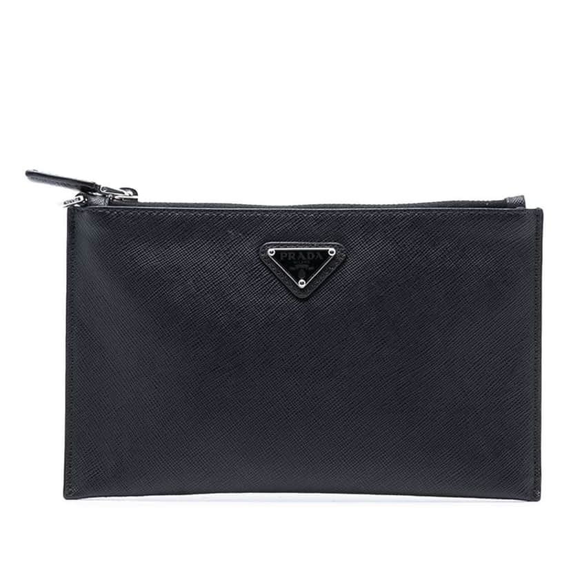 Prada Saffiano Clutch Black Leather Good condition - Front View