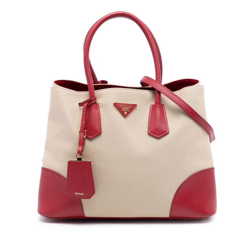 Prada Large Canapa and Saffiano Double Satchel Brown Canvas Very good condition - Front View